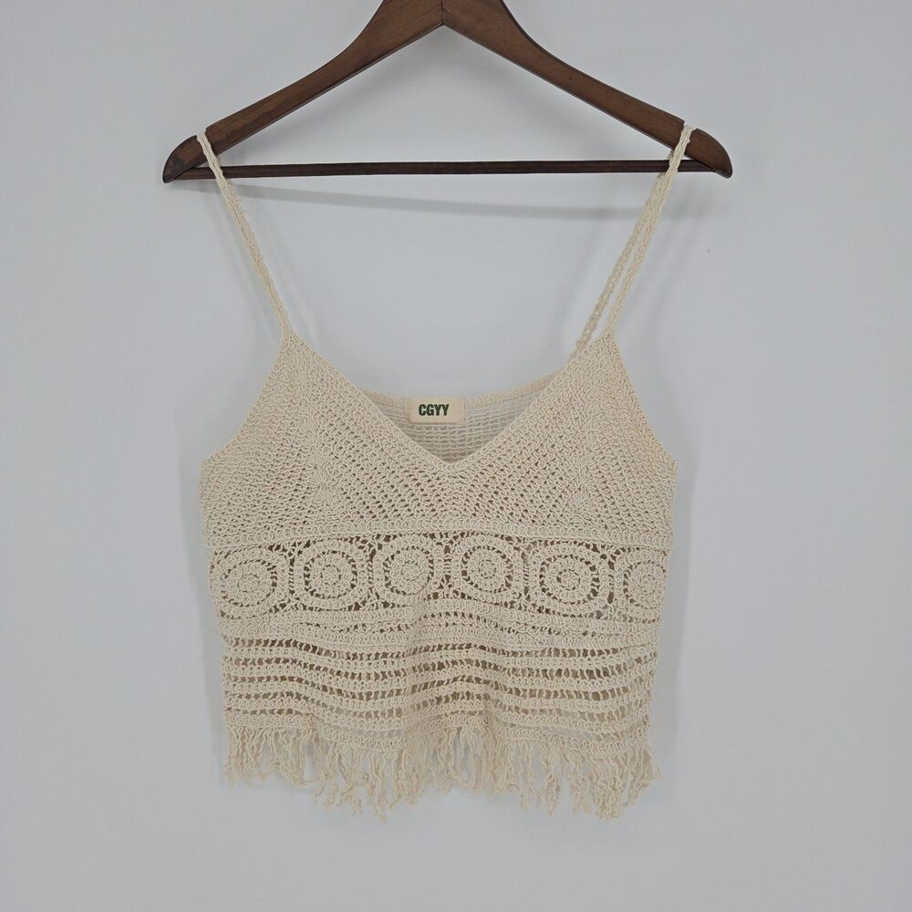 CGYY Boho Crochet Top Cropped Tan Small Cotton Festival